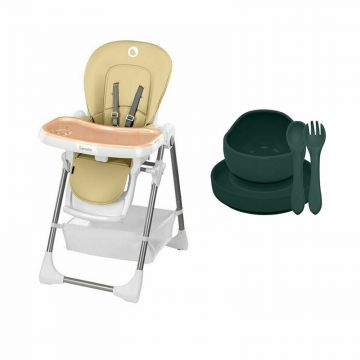 Lionelo - Scaun de masa, Reglabil, Linn Plus, Din metal, EN14988, Bej + Petite&Mars - Set hranire, Din silicon, Fara BFA, Verde inchis