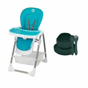 Lionelo - Scaun de masa, Reglabil, Linn Plus, Din metal, EN14988, Turcoaz + Petite&Mars - Set hranire, Din silicon, Fara BFA, Verde inchis