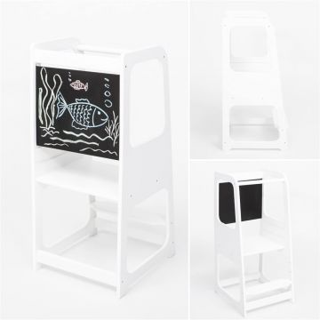 Turn de invatare din lemn pin si MDF Ginger Home design Montessori Tower cu tabla si inaltime reglabila,margini si colturi rotunjite pentru siguranta maxima,structura stabila in forma A,dimensiune 40x44x90 cm