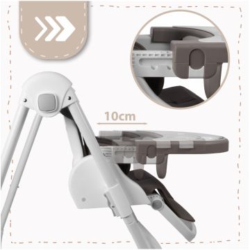 Scaun de masa 2 in 1 pentru bebelusi si copii Malplay Deli grey, model pliabil, tavita dubla detasabila, echipat cu 2 roti