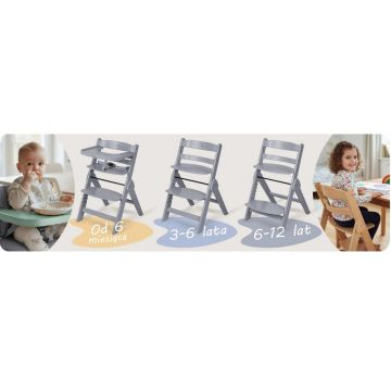 Scaun de masa evolutiv Nukido Nelo GriAlb din lemn natural,6 luni-12 ani (Max 50kg), tava detasabila si perna moale inclusa, inaltime reglabila in 6 trepte, centura de siguranta