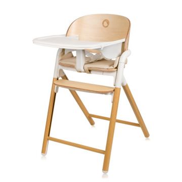 Scaun de masa multifunctional Celia, Lionelo, Din lemn de fag, 6 luni- adult, Reglabil pe inaltime, Spatar lat, Sezut ergonomic, Tavita silicon, Suport de picioare reglabil, Greutate maxima 90 Kg, Alb/Natural