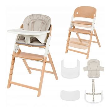 Scaun de masa multifunctional Megan, Lionelo, Din lemn de fag, 6 luni- adult, Reglabil pe inaltime, Husa impermeabila, Tavita silicon, Suport de picioare reglabil, Greutate maxima 110 Kg, Alb/Natur