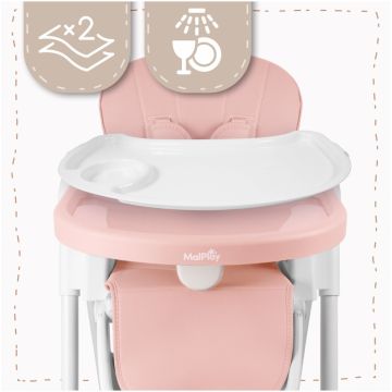 Scaun de masa pentru bebelusi Deli pink, pliabil, cu spatar si inaltime reglabile, prevazut cu roti si tavita dubla detasabila si reglabila