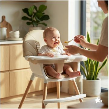 Scaun de masa pentru bebelusi si copii Malplay beige, cu tavita dubla reglabila, husa  din PU moale, 60 x 60 x 94 cm