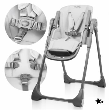 Scaun de masa pentru bebelusi si copii Malplay Grey, pliabil, reglabil in 6 trepte, pana la 20 kg, design scandinav