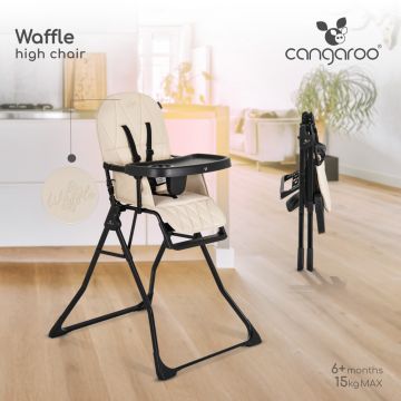Scaun de masa pentru copii Cangaroo Waffle Beige,model pliabil compact cu unitatea scaunului,husa din piele ecologica ,suport picioare reglabil,centura de siguranta,tava reglabila in 3 pozitii,greutate admisa 15 kg