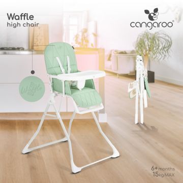 Scaun de masa pentru copii Cangaroo Waffle Green,model pliabil compact cu unitatea scaunului,husa din piele ecologica ,suport picioare reglabil,centura de siguranta,tava reglabila in 3 pozitii,greutate admisa 15 kg
