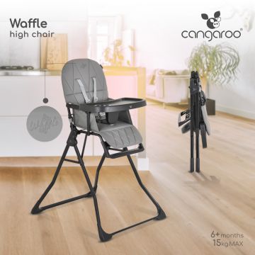 Scaun de masa pentru copii Cangaroo Waffle Grey,model pliabil compact cu unitatea scaunului,husa din piele ecologica ,suport picioare reglabil,centura de siguranta,tava reglabila in 3 pozitii,greutate admisa 15 kg