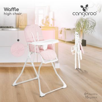 Scaun de masa pentru copii Cangaroo Waffle Pink,model pliabil compact cu unitatea scaunului,husa din piele ecologica ,suport picioare reglabil,centura de siguranta,tava reglabila in 3 pozitii,greutate admisa 15 kg