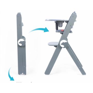 Scaun de masa pentru copii, Kidnort Drommer Unique Grey, pliabil, structura din lemn, cu 9 configuratii de inaltime, centura de siguranta in 5 puncte, pana la 75 kg, dimensiune 59 x 46 x 79.5 cm, perna de sezut inclusa