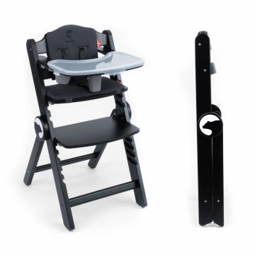 Scaun de masa pentru copii, Kidnort Drommer Unique Negru, pliabil, structura din lemn, cu 9 configuratii de inaltime, centura de siguranta in 5 puncte, pana la 75 kg, dimensiune 59 x 46 x 79.5 cm, perna de sezut inclusa