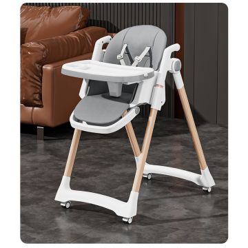 Scaun de masa pentru copii Little Mom grey, structura metalica triunghiulara, pliabil, cu spatarul si tavita ajustabile, husa detasabila, roti cu blocare