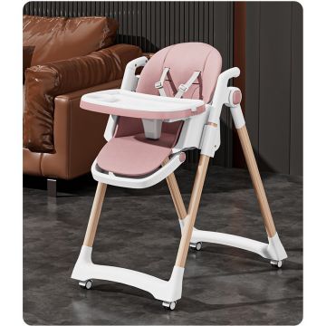 Scaun de masa pentru copii Little Mom pink, structura metalica triunghiulara, pliabil, cu spatarul si tavita ajustabile, husa detasabila, roti cu blocare