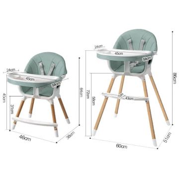 Scaun de masa pentru copii Procart Verde Menta 3 in 1, suport pentru picioare, tavita si husa detasabile, centura 5 puncte