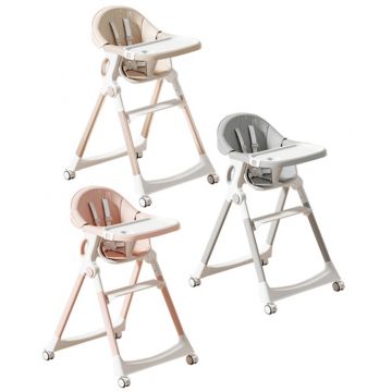 Scaun de masa ultrapliabil pentru bebelusi Little Mom, cu structura piramidala, design anti-ridicare, echipat cu roti, tavita si suport de picioare ajustabile, manere de sustinere, dimensiune 54 x 67 x 88 cm, Grey