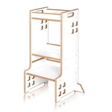 Turn de invatare Montessori Lionelo Cass Alb, functie de raft pentru carti, pana la 30 kg, 1-6 ani, din MDF si furnir, 3 trepte de inaltime