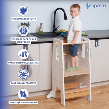 Turn de invatare tip Learning tower pentru copii Suporto AlbMaro, rol de inaltator cu treapta de urcare reglabila antiderapanta si balustrade de protectie