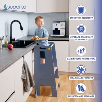 Turn de invatare tip Learning tower pentru copii Suporto GriMaro, rol de inaltator cu treapta de urcare reglabila antiderapanta si balustrade de protectie